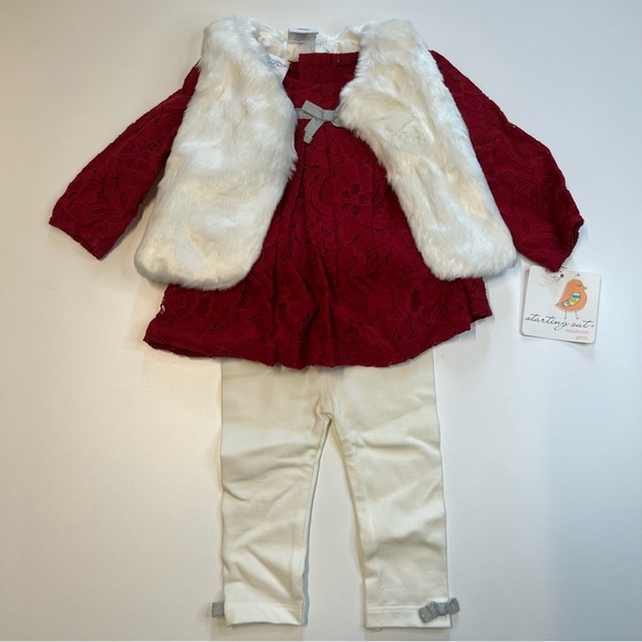 Starting Out 3PC Set, White Faux Fur Vest, Red Lace Shirt, Ivory Leggings, NWT! - Picture 2 of 5